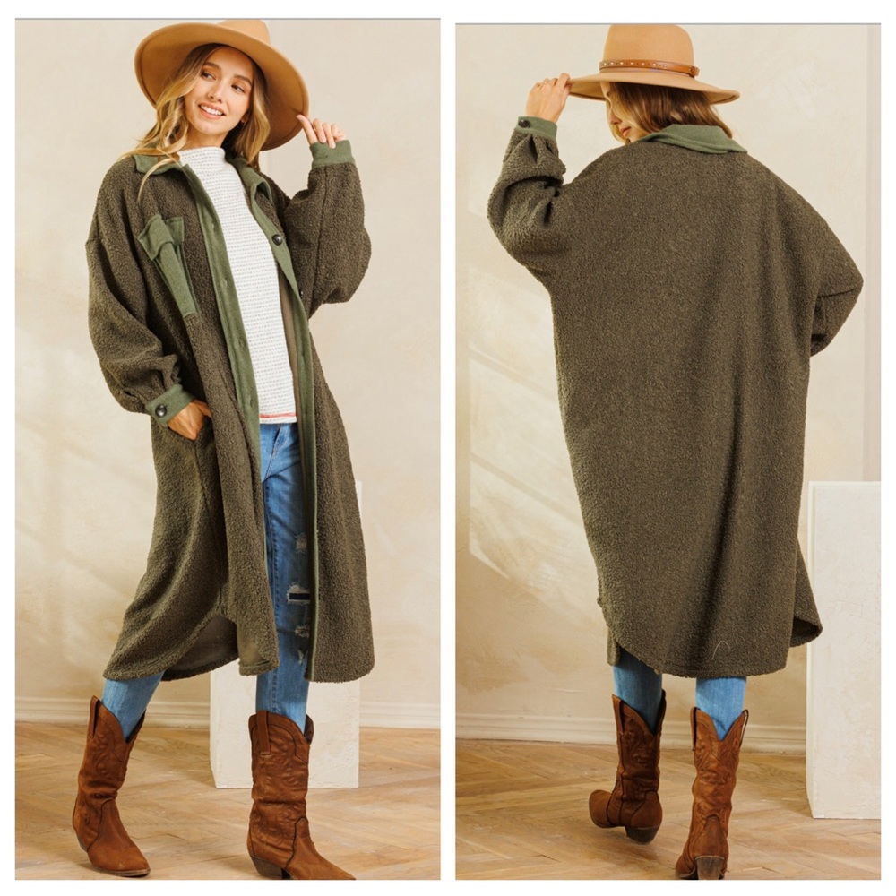 Longline Contrast Detailed Fleece Long Coat Jacket